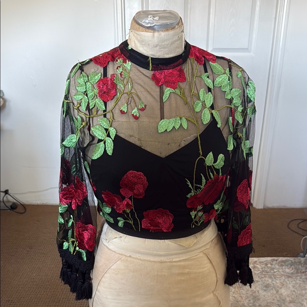 Floral Embroidered Sheer Black Top